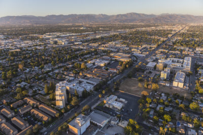 Late afternoon aerial view of Sherman Way in the San Fernando Valley area of Los Angeles, California.